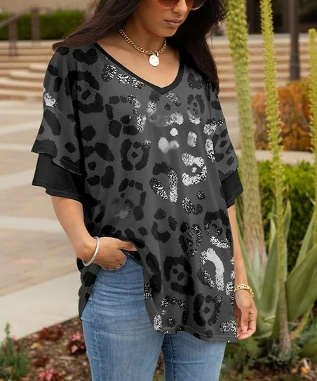 Lily | Gray & Black Leopard Ruffle-Sleeve V-Neck Tunic - Women & Plus 1 Lily | Gray & Black Leopard Ruffle-Sleeve V-Neck Tunic - Women & Plus
