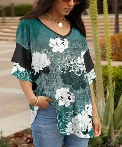 Lily | Black & Teal Floral V-Neck Tiered-Sleeve Tunic - Women