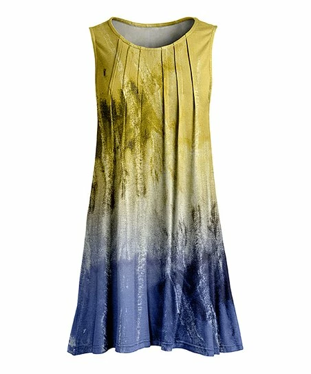 Lily | Yellow & Blue Ombré Tie-Dye Pleated Sleeveless Tunic - Plus 1 Lily | Yellow & Blue Ombré Tie-Dye Pleated Sleeveless Tunic - Plus