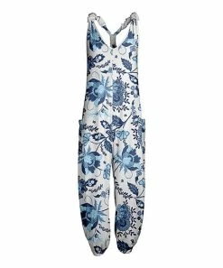 Lily | White & Blue Floral Pocket Racerback Jumpsuit - Women
