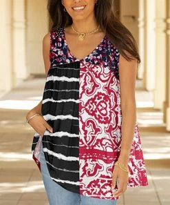 Lily | Black & Red Patchwork V-Neck Sleeveless Tunic - Women