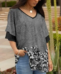Lily | Black & Gray Floral Ruffle-Sleeve V-Neck Tunic - Women