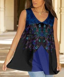 Lily | Black & Blue Floral Color Block V-Neck Sleeveless Tunic - Women