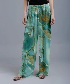 Lily | Turquoise & Gold Marble Drawstring Palazzo Pants - Women