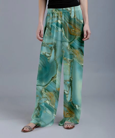 Lily | Turquoise & Gold Marble Drawstring Palazzo Pants - Women 1 Lily | Turquoise & Gold Marble Drawstring Palazzo Pants - Women