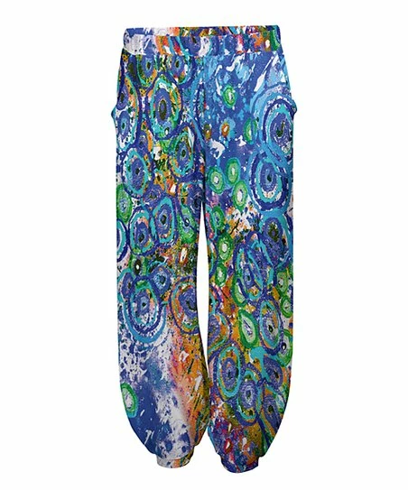 Lily | Blue & Green Abstract Side-Pocket Harem Pants - Women 1 Lily | Blue & Green Abstract Side-Pocket Harem Pants - Women