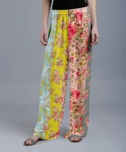 Lily | Yellow & Pink Floral Color Block Drawstring Palazzo Pants - Women