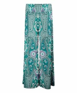 Lily | Teal & Lavender Paisley Wide-Band Palazzo Pants - Plus