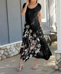 Lily | Black & Pink Floral Short-Sleeve Handkerchief Maxi Dress - Women & Plus