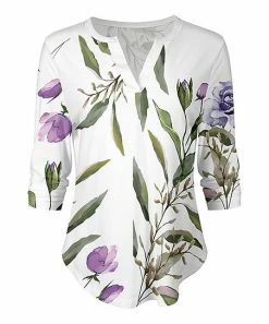 Lily | White & Green Floral Watercolor Dolphin-Hem Notch Neck Top - Women & Plus