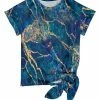 Lily | Blue & Gold Marbled Tie-Hem Short-Sleeve Top - Women