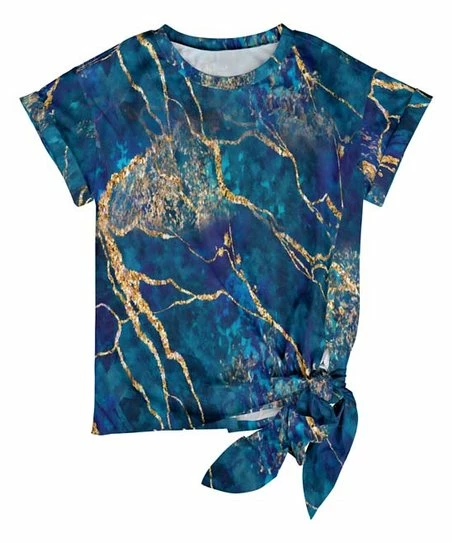 Lily | Blue & Gold Marbled Tie-Hem Short-Sleeve Top - Women 1 Lily | Blue & Gold Marbled Tie-Hem Short-Sleeve Top - Women