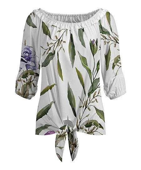 Lily | Green & Lavender Floral Tie-Accent V-Neck Half-Sleeve Top - Plus 1 Lily | Green & Lavender Floral Tie-Accent V-Neck Half-Sleeve Top - Plus