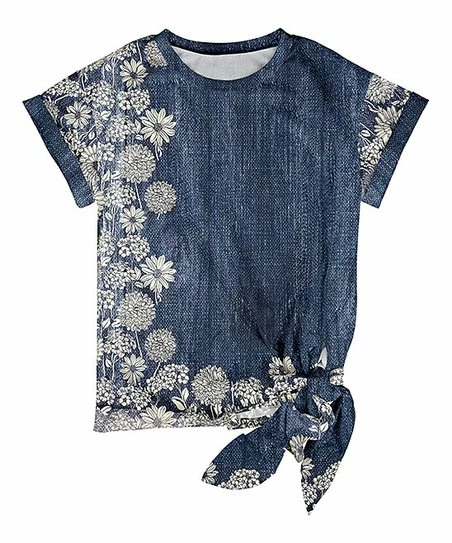 Lily | Blue & Cream Floral Short-Sleeve Tie-Hem Top - Women 1 Lily | Blue & Cream Floral Short-Sleeve Tie-Hem Top - Women