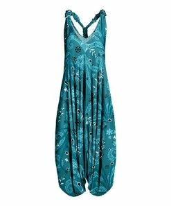 Lily | Teal & Black Leaf Sleeveless Harem Jumpsuit - Women