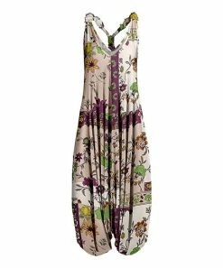 Lily | Beige & Green Floral Sleeveless Harem Jumpsuit - Plus