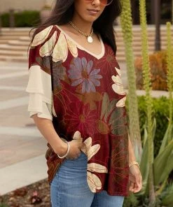 Lily | Red & Beige Daisy V-Neck Ruffle-Sleeve Tunic - Women