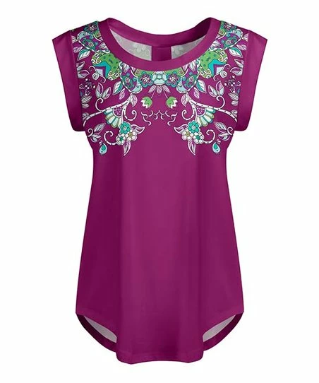 Lily | Purple & Green Floral Scoop Neck Short-Sleeve Tunic - Women 1 Lily | Purple & Green Floral Scoop Neck Short-Sleeve Tunic - Women