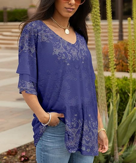 Lily | Purple & Gray Floral V-Neck Tiered-Sleeve Tunic - Plus 1 Lily | Purple & Gray Floral V-Neck Tiered-Sleeve Tunic - Plus