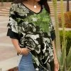 Lily | Green & Black Floral Houndstooth V-Neck Ruffle-Sleeve Tunic - Women