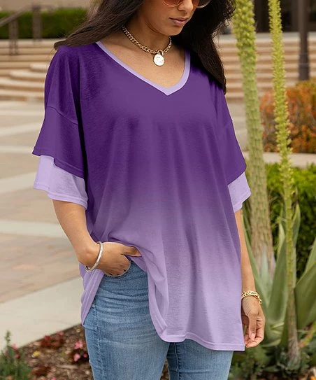 Lily | Purple & Lavender Ombré V-Neck Tiered-Sleeve Tunic - Women 1 Lily | Purple & Lavender Ombré V-Neck Tiered-Sleeve Tunic - Women