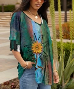 Lily | Teal & Rust Abstract Floral V-Neck Tiered-Sleeve Tunic - Women