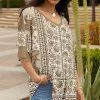 Lily | Beige & White Floral Paisley Ruffle-Sleeve V-Neck Tunic - Women