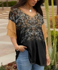Lily | Black & Beige Floral Ruffle-Sleeve V-Neck Tunic - Women