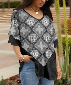 Lily | Gray & Black Arabesque Ruffle-Sleeve V-Neck Tunic - Women