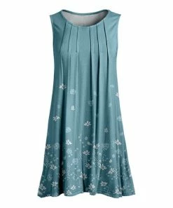 Lily | Teal & White Floral Pleated Sleeveless Tunic - Women