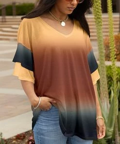 Lily | Yellow & Rust Ombré Layered-Sleeve V-Neck Tunic - Plus