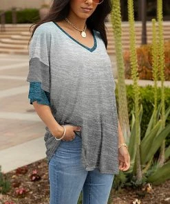 Lily | Gray & Teal Striated Ruffle-Sleeve V-Neck Tunic - Women