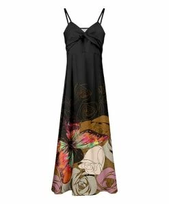 Lily | Black & Brown Butterfly Rose Twist-Front Cami-Strap Maxi Dress - Women