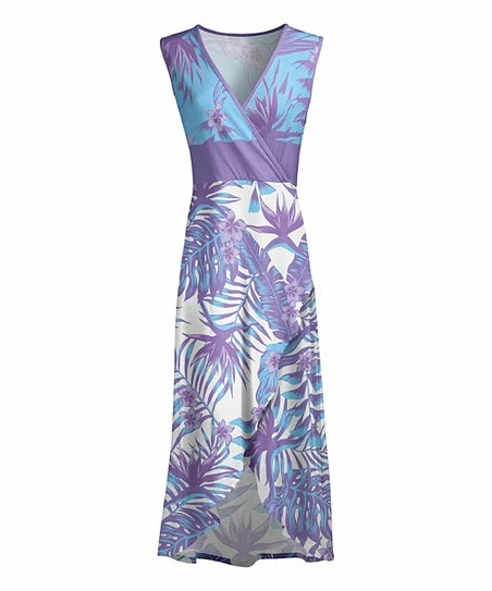 Lily | Purple & Blue Tropical Leaves Surplice Maxi Dress - Plus 1 Lily | Purple & Blue Tropical Leaves Surplice Maxi Dress - Plus