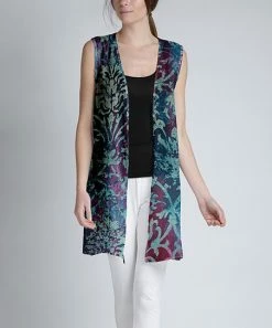 Lily | Blue & Purple Damask Open Vest - Plus