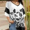 Lily | Black & White Floral Ruffle-Sleeve V-Neck Tunic - Plus