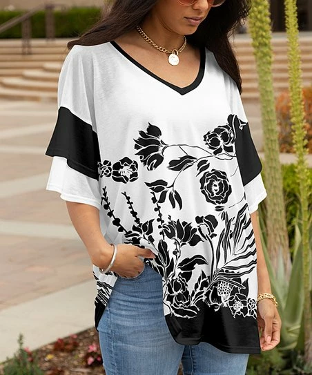 Lily | Black & White Floral Ruffle-Sleeve V-Neck Tunic - Plus 1 Lily | Black & White Floral Ruffle-Sleeve V-Neck Tunic - Plus