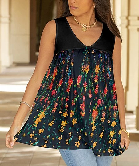 Lily | Black Floral Sleeveless Yoke Tunic - Women & Plus 1 Lily | Black Floral Sleeveless Yoke Tunic - Women & Plus