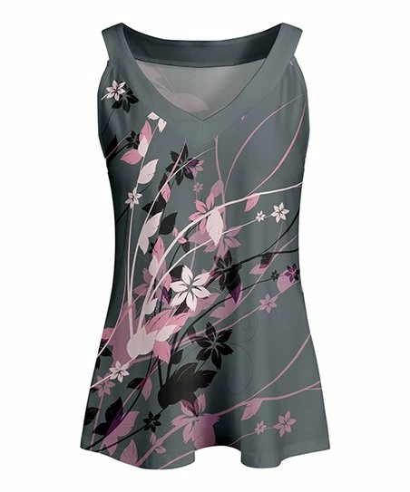 Lily | Gray & Pink Floral Yoke Tank - Plus 1 Lily | Gray & Pink Floral Yoke Tank - Plus