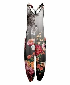 Lily | Gray & Pink Floral Racerback Pocket Jumpsuit - Women