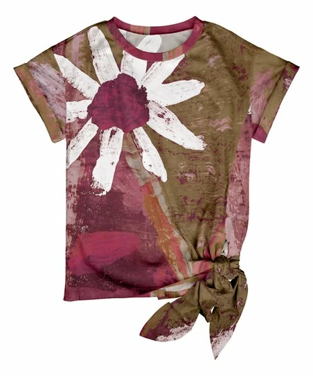 Lily | Olive & Mauve Floral Brushstroke Side-Tie Crewneck Tee - Women 1 Lily | Olive & Mauve Floral Brushstroke Side-Tie Crewneck Tee - Women