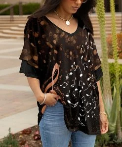 Lily | Black & Rust Music Note Ruffle-Sleeve V-Neck Tunic - Plus