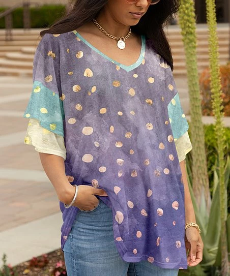 Lily | Purple & Gold Dots Ruffle-Sleeve V-Neck Tunic - Women 1 Lily | Purple & Gold Dots Ruffle-Sleeve V-Neck Tunic - Women