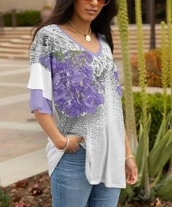 Lily | White & Lavender Floral Ruffle-Sleeve V-Neck Tunic - Plus