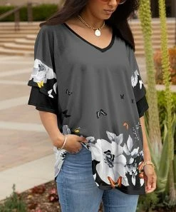 Lily | Gray & White Floral Ruffle-Sleeve V-Neck Tunic - Plus