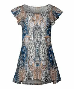 Lily | Beige & Blue Paisley Scoop Neck Flutter-Sleeve Tunic - Plus