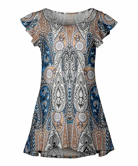 Lily | Beige & Blue Paisley Scoop Neck Flutter-Sleeve Tunic - Plus 1 Lily | Beige & Blue Paisley Scoop Neck Flutter-Sleeve Tunic - Plus