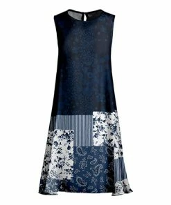 Lily | Blue & Navy Floral Paisley Patch Sleeveless Shift Dress - Plus