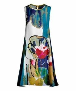 Lily | Teal & White Floral Abstract Sleeveless A-Line Dress - Women