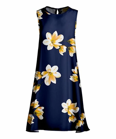 Lily | Navy & Yellow Floral Sleeveless A-Line Dress - Plus 1 Lily | Navy & Yellow Floral Sleeveless A-Line Dress - Plus
